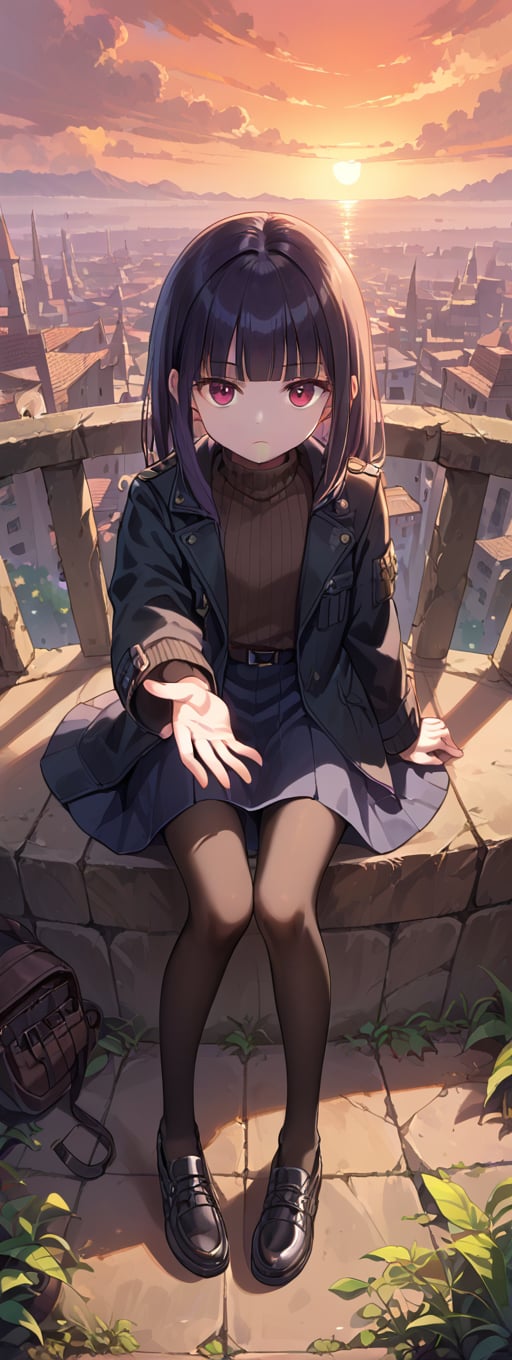 score_9, score_8_up, score_7_up,source_anime, 1girl, 20yo, solo, blunt bangs, turtleneck sweater, black jacket, black pantyhose, sitting, (from above), shoes, Expressionless, outstretched hand , ruin, sunset, masterpiece, ultra-detailed