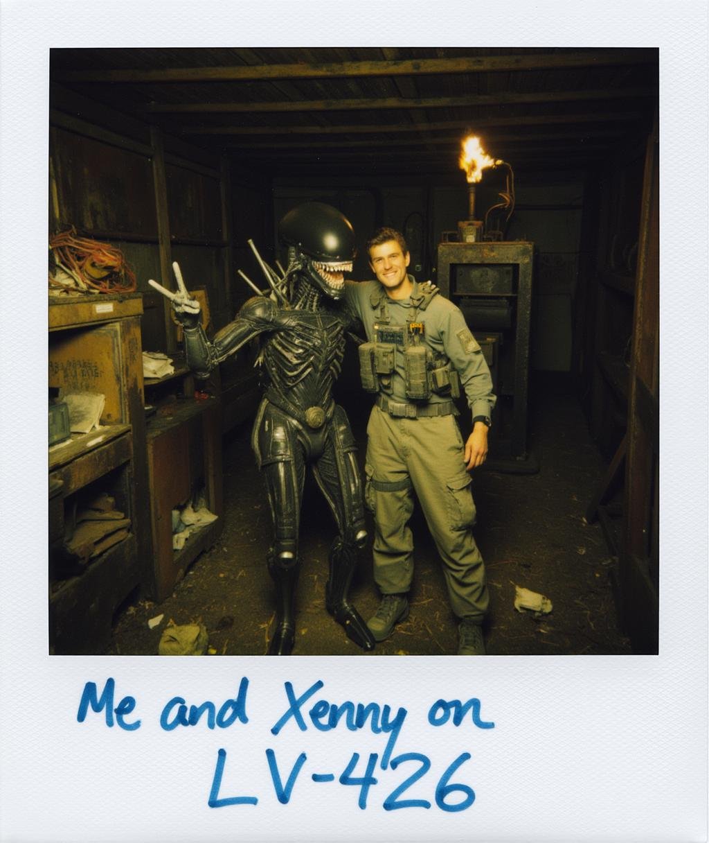 Polaroid frame of Colonial Marine and a xenomorph posing for a photo op in a derelict boiler room with scrap metal all around bearing evidence of explosions and fire.  Both of them are giving the peace sign. Written in pen on the bottom of the polaroid frame is the handwritten text, "Me and Xenny on LV-426" <lora:Polaroid_Flux-DIM32-0010:1.0><lora:ComfyUI_30268_:0>