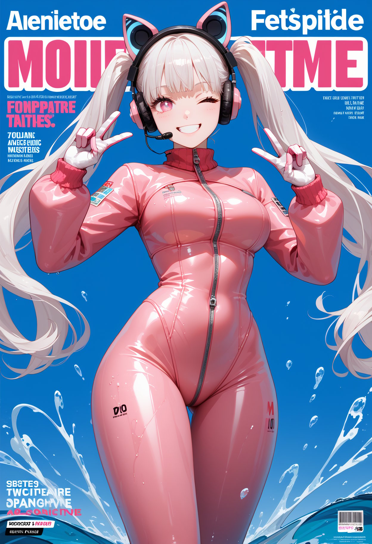 score_9,score_8_up,score_7_up,masterpiece,best quality,8k,1girl,solo,Latex tights,alicedef,pink eyes,white hair,twintails,very long hair,bangs,headset,fake animal ears,animal ear headphones,shrug \(clothing\),long sleeves,large breasts,pink bodysuit,latex bodysuit,multicolored gloves,pink gloves,white gloves,smile,one eye closed,wink,v,peace sign,wide hips,highly detailed,ultra-high resolution,32K UHD,sharp focus,best-quality,masterpiece,Emotionalization,golden hour,unconventional supreme masterpiece,masterful details,temperate atmosphere,with a high-end texture,in the style of fashion photography,magazine cover,Dynamic Angle,Dynamic posture,offcial art,colorful,splash of color,movie perspective,advertising style,magazine cover,very aesthetic,perfect composition,intricate details,moist skin,