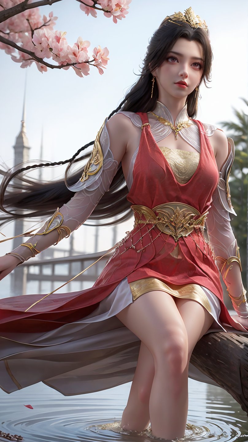 lelp,1girl,solo,red dress,braid,long hair,jewelry,earrings,hair ornament,holding weapon,sash,looking_at_viewer,look down,(eye contact:1.1),shoulder_armor,bangle,transparent long sleeve,fake collar,whole body,light leg,white boots,wind,character focus,sitting,crossed_legs,sitting on a stone,, branch,falling petals,lake,leaves in wind,outdoors,petals,petals on liquid,ripples,tree,wading,water,wind,peach blossom,peach blossom petals,