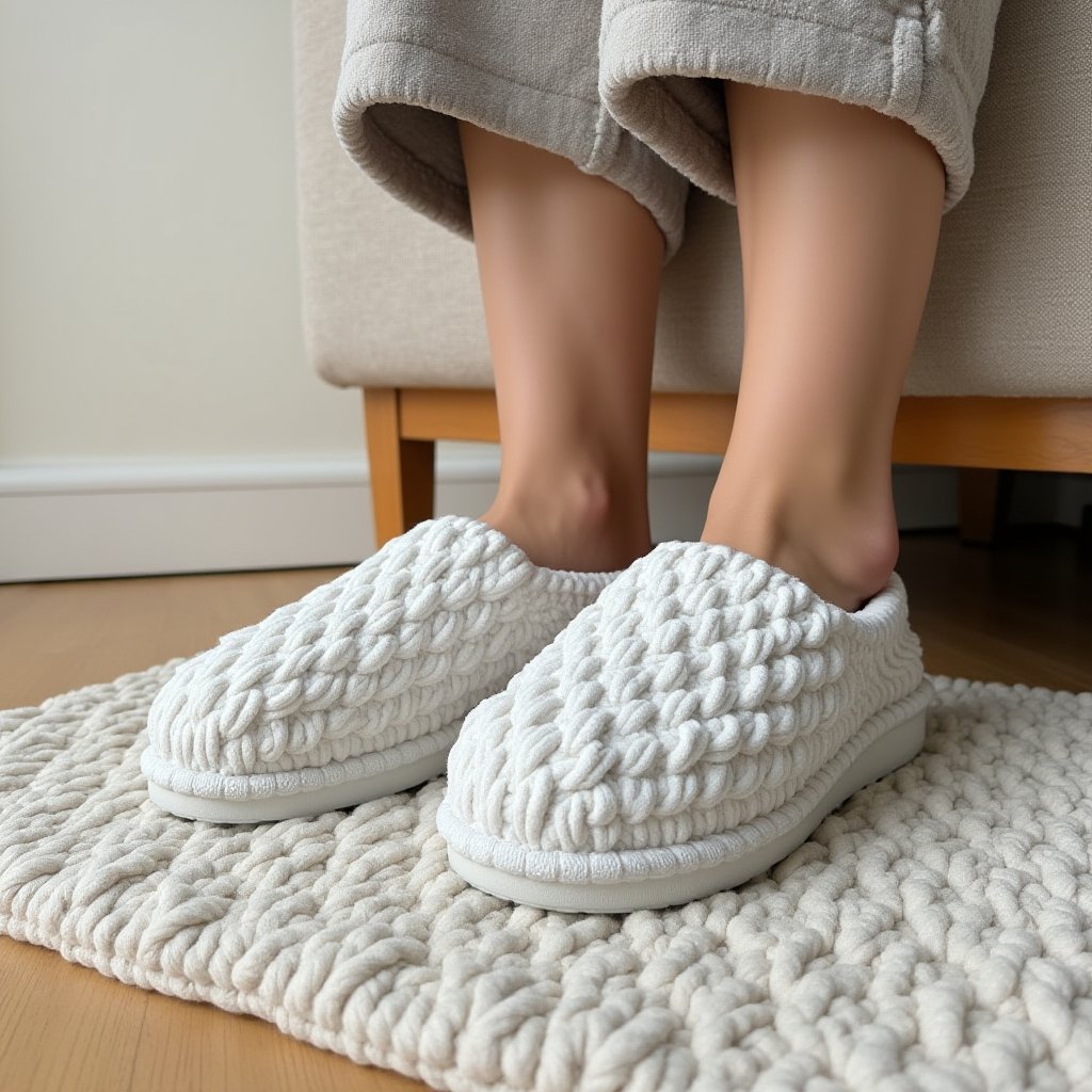 A full rage view image of a white woman wearing  Minimalistic Whitish fotwerslprs slippers placed  on a floor mat next to a couch<lora:fotwerslprs-000012:1>