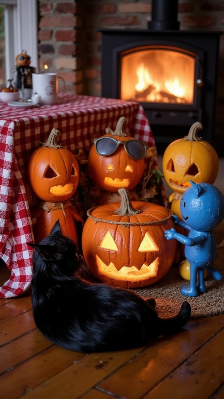 a group of colorful figures dressed in brightly colored costumes gather around a large wooden pumpkin patch. The scene is set in the middle of a Halloween-themed room, with a fire crackling in front of them. A red and white checkered cloth covers one side of the frame, while a black cat curls up next to it. aidmaHalloweenBoost