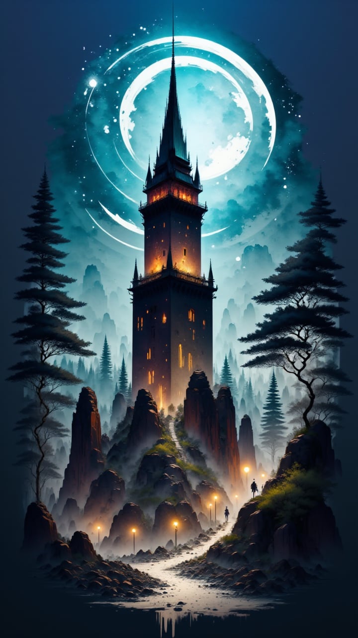 The towering structure of the Obsidian Tower stands tall against a backdrop of shimmering blue sky. Its intricate stonework is illuminated by the soft glow of streetlamps, aidmainkstyle