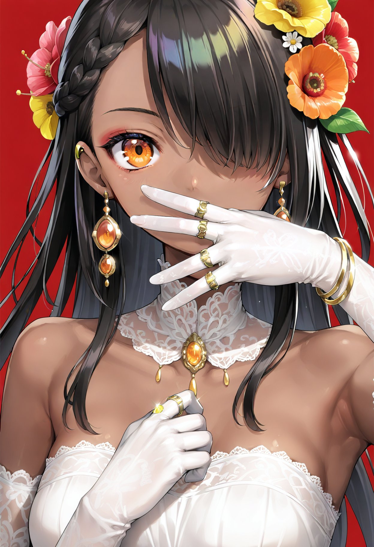 1girl, flower, dark skin, solo, gloves, dark-skinned female, jewelry, ring, looking at viewer, white gloves, black hair, braid, upper body, red flower, yellow flower, hair ornament, earrings, orange eyes, bare shoulders, long hair, red background, lace, hair flower, very dark skin, orange flower, one eye covered, strapless, multiple rings, plant, simple background, lace trim, armpits