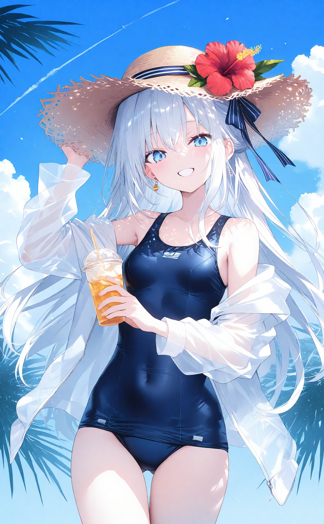 masterpiece,best quality,1girl,swimsuit,solo,blue eyes,one-piece swimsuit,hat,smile,long hair,outdoors,covered navel,flower,straw hat,sky,hibiscus,white hair,breasts,blue one-piece swimsuit,looking at viewer,blue sky,cloud,cup,holding,tree,earrings,red flower,palm tree,hat flower,jewelry,off shoulder,day,cowboy shot,open clothes,hand on headwear,grin,white jacket,ribbon,long sleeves,disposable cup,small breasts,sun hat,bare shoulders,petals,hair ribbon,see-through,jacket,blue ribbon,open jacket,standing,contrail,white shirt,holding cup,cloudy sky,arm up,very long hair,see-through shirt,shirt,drink,school swimsuit,