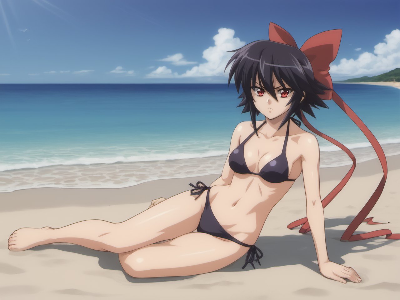 kaganoai, bikini, full body, on beach, 1girl, black hair, (sidelocks), spiked hair, red eyes, <lora:MagicalGirlAISDXL-16-16-prodigy:0.85>, (short hair:0.7), hairbow, hair ribbons, serious