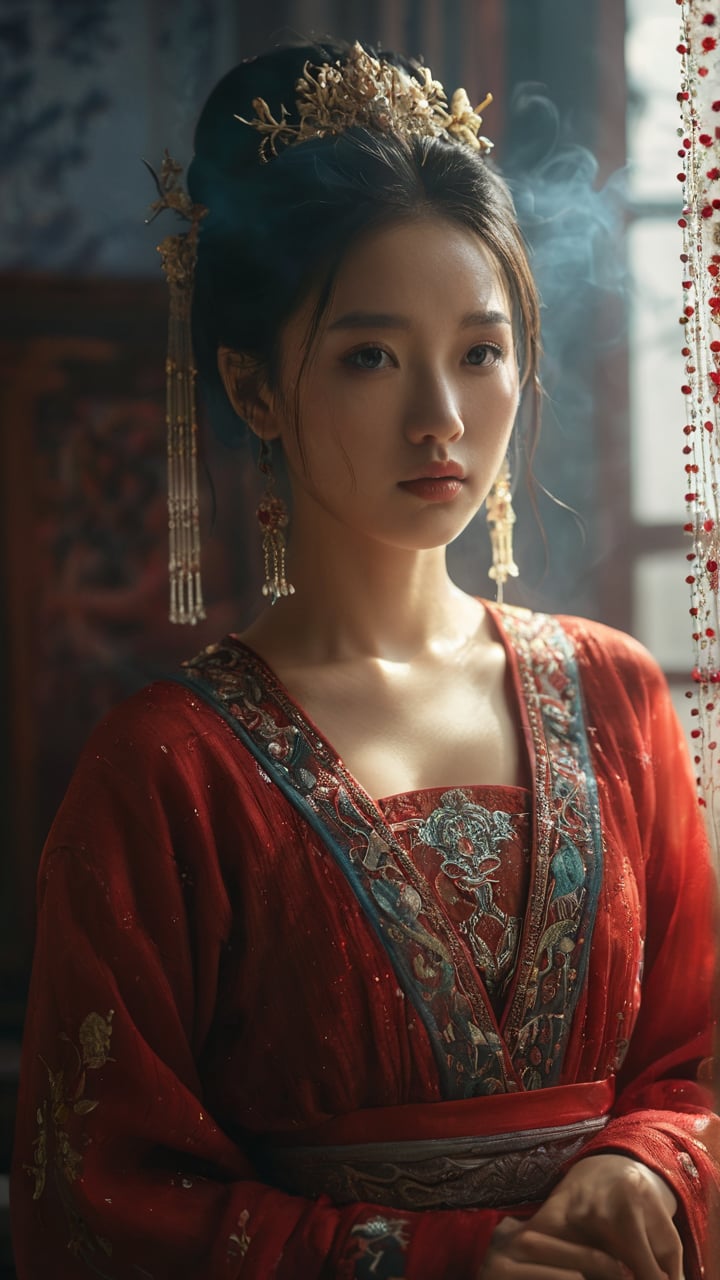 cinematic film still foreground is bead string curtain,  background is a pretty girl wearing traditional chinese wedding d...
