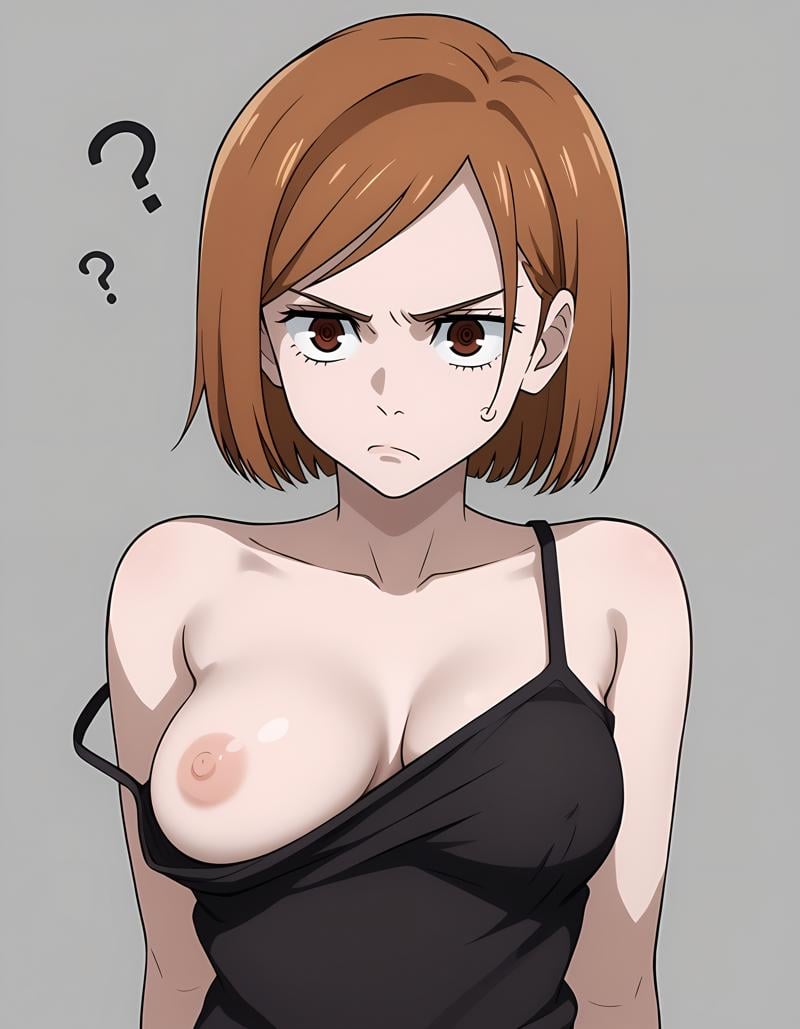 <lora:Nobara_v2:1>1girl, n0bara, camisole, shoulder slip, breast, ?, frown, one exposed breast, one nipple, simple background