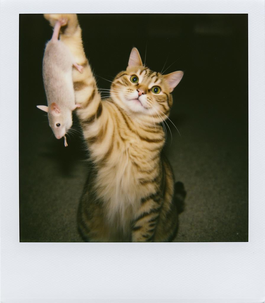 Polaroid frame of a cat looking very guilty as he holds a mouse upside down by the tail. <lora:Polaroid_Flux:1.0><lora:ComfyUI_30683_:0>