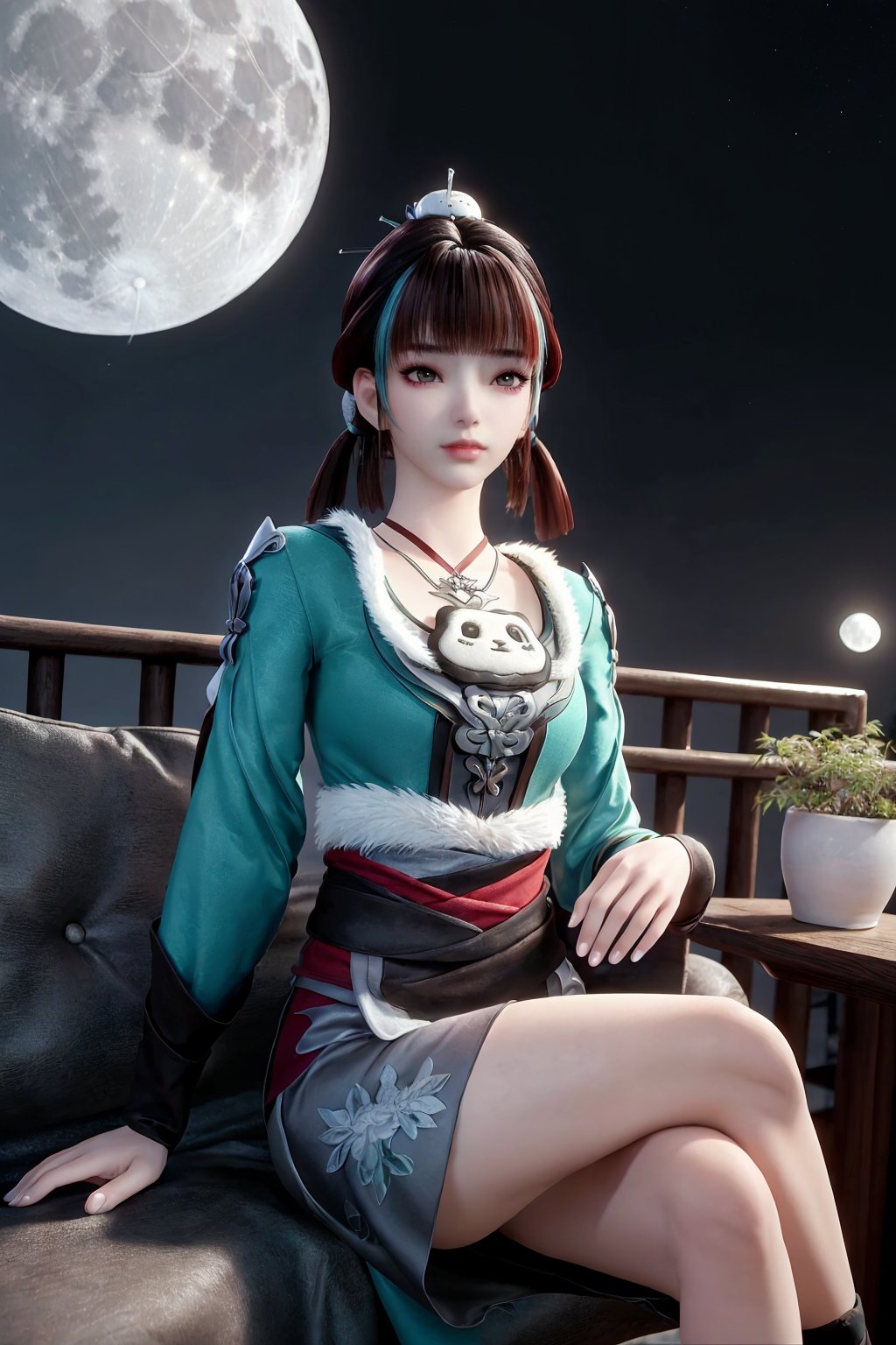 professional 3d model (8k), (raw  photo), (best quality), (hyper detailed),  (masterpiece:1.2), (realistic:1.3),(photorealistic:1.3).(the image is a 3d rendering of a female figure).<lora:syqiangk_加强_灵儿_宗门里除了我都是卧底_C9_5.2:0.8>,1girl, solo, brown hair,  twintails, blunt bangs, brown eyes,  multicolored hair, fur trim, streaked hair,(scenery,  east asian architecture, full moon, moon, night,  moonlight,  night sky,  sky,  potted plant,  plant).full shot.  sitting, (crossed legs), dress, chinese clothes, long sleeves, detached sleeves, wide sleeves,  hanfu, skirt, armor, looking at viewer . octane render, highly detailed, volumetric, dramatic lighting