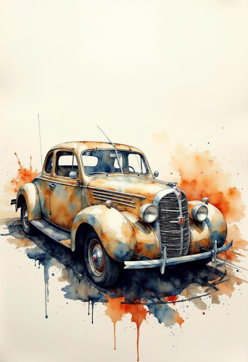 A watercolor painting of an old car in dynamic action. Angle view.Paul Lovering style. by Adel_AI on Tensor.Art