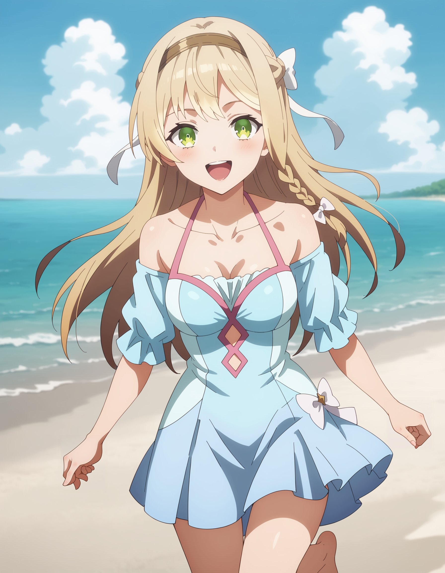 score_9, score_8_up, score_7_up, score_6_up, masterpiece, perfect quality, anime screencap, perfect lighting, nsfw, uncensored, detailed background, outside, on a beach, ocean, sand, blue sky, clouds, sun, <lora:Pony_DetailV2.0:3> <lora:Klaudia_Valentz:.8>Klaudia swimsuit outfit, Blonde hair, breasts, green eyes, braid, long hair, white bow, swimsuit, hairband, bare shoulders, dress, barefoot,full body shot, girl running, looking at the viewer, big smile, mouth open,