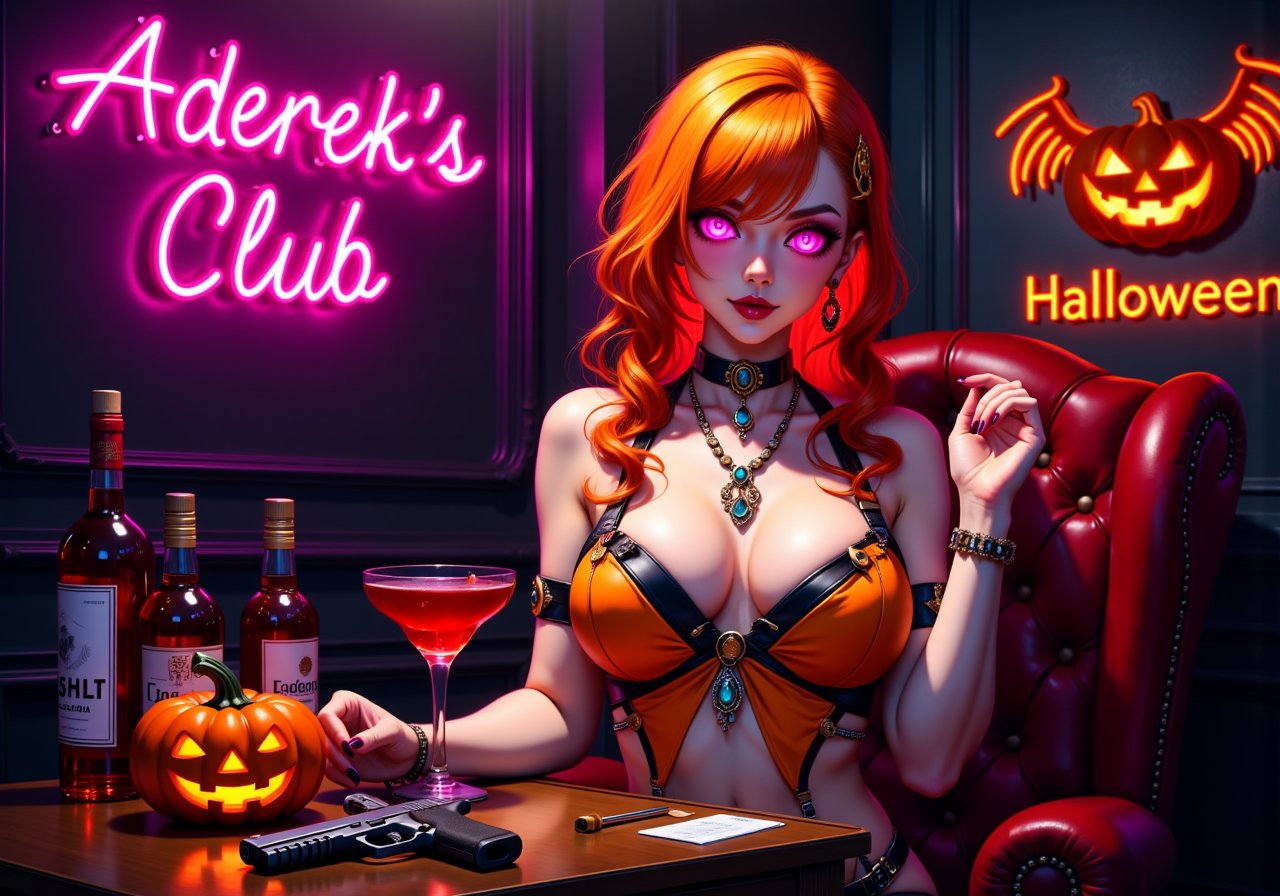 (masterpiece, the highest quality, ultra-high resolution).Hideaki Anno drawing style, flat illustration, medium shot, the character's calling card with dynamic pose, the most pathos image. Cyberpunk action.An incredibly beautiful young woman with orange hair in the role of an Information trader,Dressed in club urban clothes with lots of jewelry. The clothes are revealing, emphasizing the character's magnificent figure. The confident and arrogant gaze of the pink-hued cybernetic pupils seems to have been created to look down on the interlocutor. VIP room of a luxury night club with neon "Aderek's Club" on the wall on the left and "Halloween" on the right. In front of the heroine there is a table with bottles of alcohol and a pistol and a small pumpkin.Incredibly beautiful drawing, perfectly executed down to the smallest detail.,Flat Anime Niji Style,