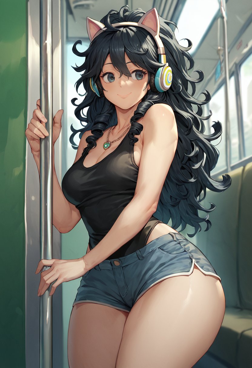 score_9, score_8_up, score_7_up, score_6_up, 1girl, solo, long hair, black hair, curls, messy ponytail, black leotard, booty shorts, bare shoulders, medium breasts, wide hips, thick thighs, curvy, necklace, tank top, subway, headphones, fake cat ears, happy aura, light smile, <lora:PulenKompot-Obui_Style-PonyXL:1> obui