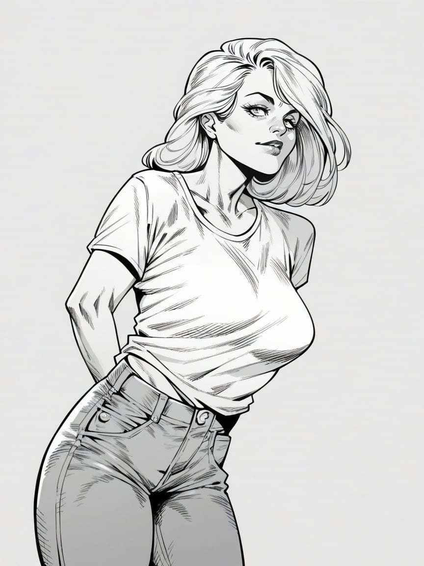 score_9, score_8_up, score_7_up, score_6_up, score_5_up,   <lora:WetherellXLP:1> wetherell, monochrome, greyscale, 1girl, jeans, t-shirt, 