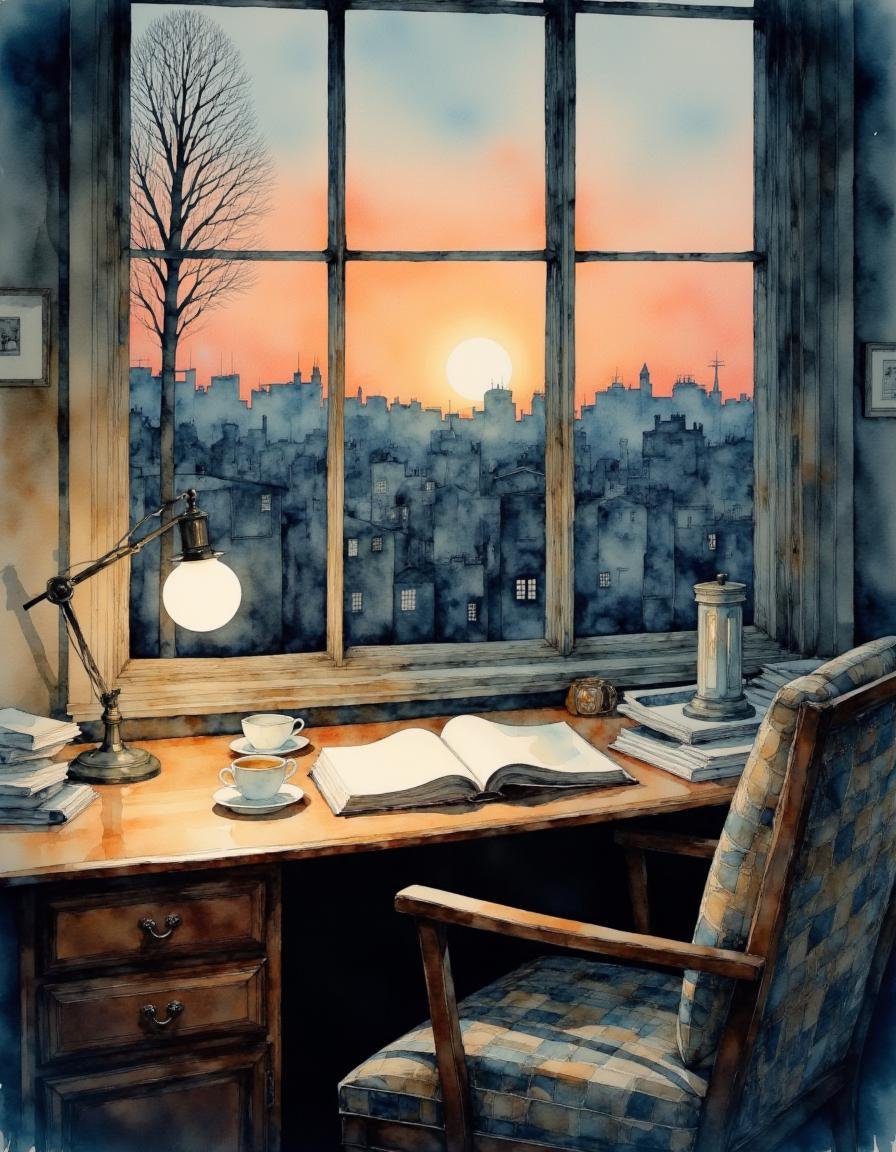 This is a detailed watercolor painting depicting a serene,  early evening scene in a cozy study. The focal point is a wood...