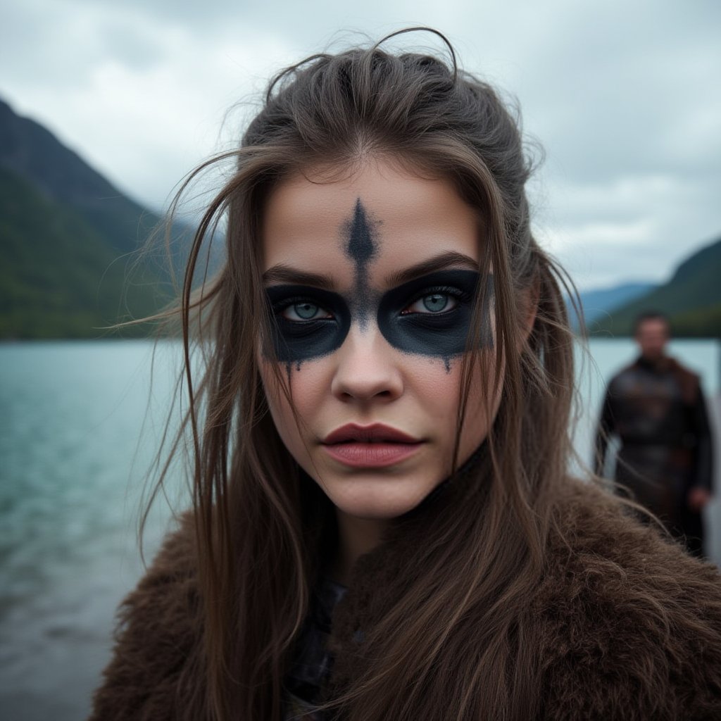 Instagram selfie of a nordic viking warrior princess with black warpaint under her eyes. There is a beautiful norwegian fjord in the background and other viking troops walking past her. She looks fierce and beautiful yet calm., <lora:Barbara_Palvin_2017_2019_FLUX_v2-000037:1.0>