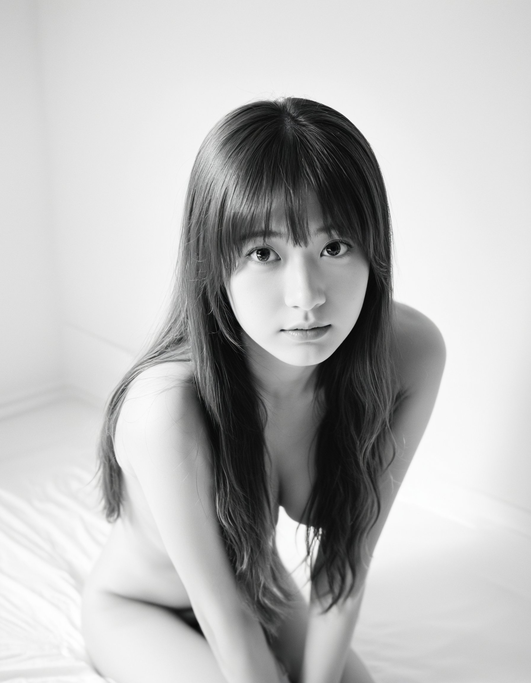 (black and white, film grain, monochrome), Best quality, masterpiece, half-length portrait, close-up, raw photo of 20 years old completely nude girl, waist up, long hair, looking at viewerflowing long brown hair, shy face, gradation, poetic atmosphere, delicate balance, kawaii, realistic, simple white background, professional photo, high key light, hard shadow, soft bokeh, (film grain, film filter), high angle/from above