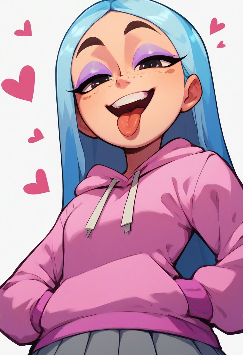 score_8_up, score_7_up, Andrea, 1girl, solo, cute, upper body, standing, hands in pockets, tongue out, cute squint, grin, smug, teasing, smile, makeup, half-closed eyes, eyeshadow, smile, grin, open mouth, looking at viewer, light blue hair, long hair, multicolored hair, long sleeves, pink hoodie, skirt, pleated skirt, grey skirt, purple pantyhose, white background, simple background, heart, top teeth only, one hand up, v, looking down, POV, from below, freckles,