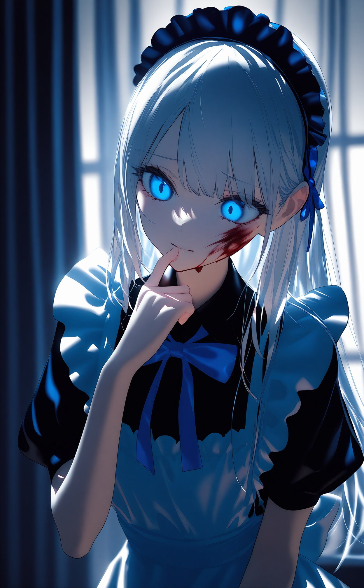 masterpiece,best quality,high quality,finely detail,Depth of field,(late at night),night,(Dark blue theme),Depth of field,window,White curtains,1girl,solo,bangs,blood on face,dark persona,white hair,Blue bow tie,maid,Short sleeve,apron,maid headdress,long hair,hand on own chin,teary-eyed,blood on clothes,blood,maid apron,