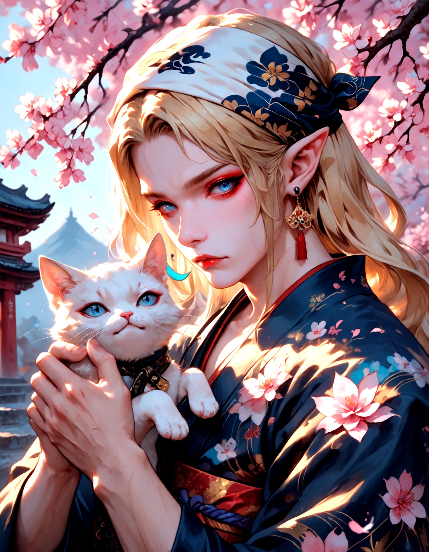 score_9, score_8_up, score_7_up, score_6_up, solo, long hair, looking at viewer, blue eyes, blonde hair, 1boy, holding, jewelry, upper body, male focus, earrings, japanese clothes, pointy ears, kimono, fingernails, sash, makeup, animal, obi, cat, cherry blossoms, bandana, blue kimono, holding animal, holding cat