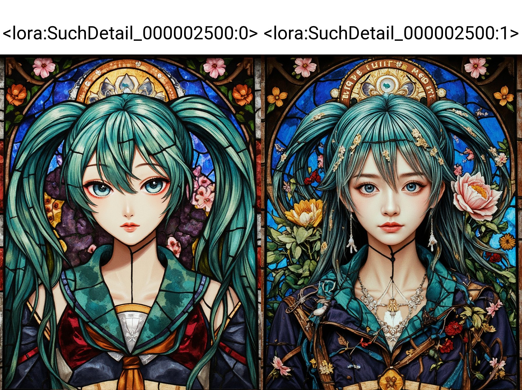 <lora:SuchDetail_000002500:0>,Stained glass window of a Hatsune Miku, hyper realistic