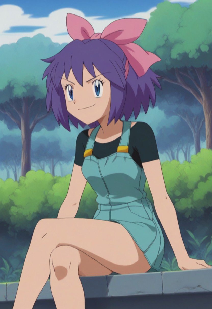 Score_9_up, Score_8_up, Score_7_up, easynegative, ng_deepnegative_v1_75t, anime coloringsmug, sitting, crossed legs, outdoors, 1girlKelly_Hoenn_(Pokemon), short hair, purple hair, pink bow, hair ribbon, blue eyes, overall skirt, shirt