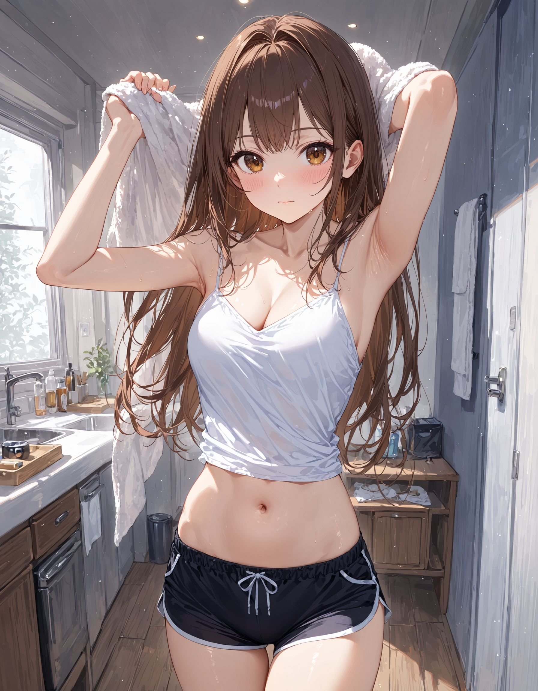 1girl, solo, long hair, breasts, looking at viewer, blush, bangs, brown hair, shirt, navel, holding, cleavage, bare shoulders, brown eyes, medium breasts, closed mouth, standing, collarbone, white shirt, shorts, sleeveless, midriff, indoors, armpits, arms up, hands up, bare arms, short shorts, black shorts, hair intakes, towel, strap slip, camisole, dolphin shorts, masterpiece, ultra-detailed, best quality ,intricate details,