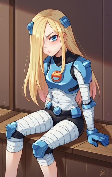 score_9,score_8_up,score_7_up pastel colors,highres BREAK <lora:terra:1>,TerraSDXL,1girl,solo,long hair,blue eyes,blonde hair,gloves,armor,hair over one eye,superheroe,bandages,knee pads,shoulder pads,room,room background,cowboy shot,sitting,