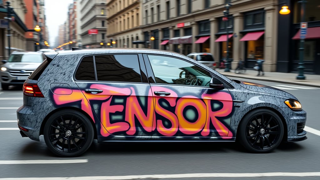 “Photo of a car in the city. On the car  we see detailed EPIC graffiti, the graffiti text reads "TENSOR".”