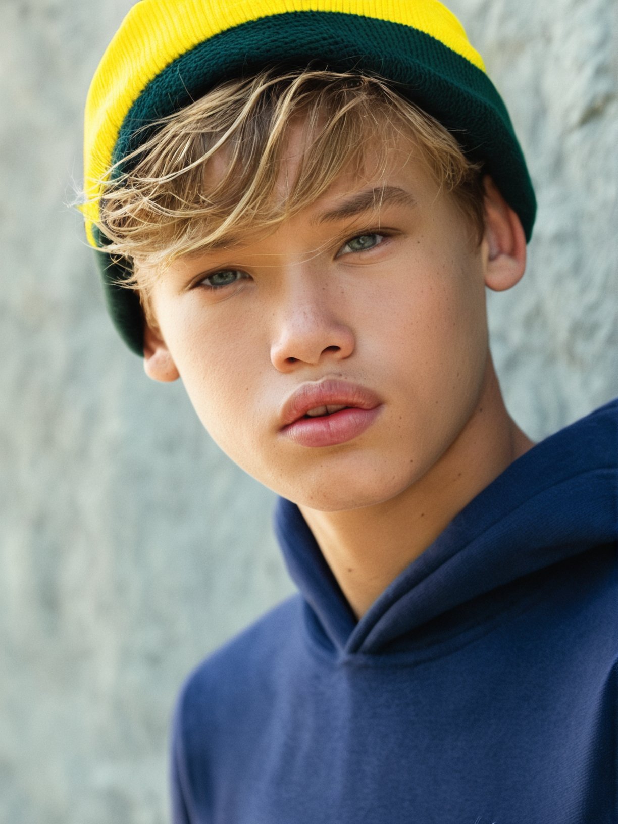 score_9, score_8_up, score_7_up, solo, photo, <lora:NG(n4tang0ldmann)SDXL:1> (n4tang0ldmann), teen boy, model, full thick lips, parted lips, realistic, solo, male focus, 1boy, hat, lips, yellow headwear, freckles, looking at viewer, portrait, blonde hair, simple background, grey background, realistic, hyper detailed photorealistic life-like accurate proportional 8k sharp focus, accurate cinematic lighting, photorealistic detail, uncensored, full body shot  <lora:add-detail-xl:0.6>  