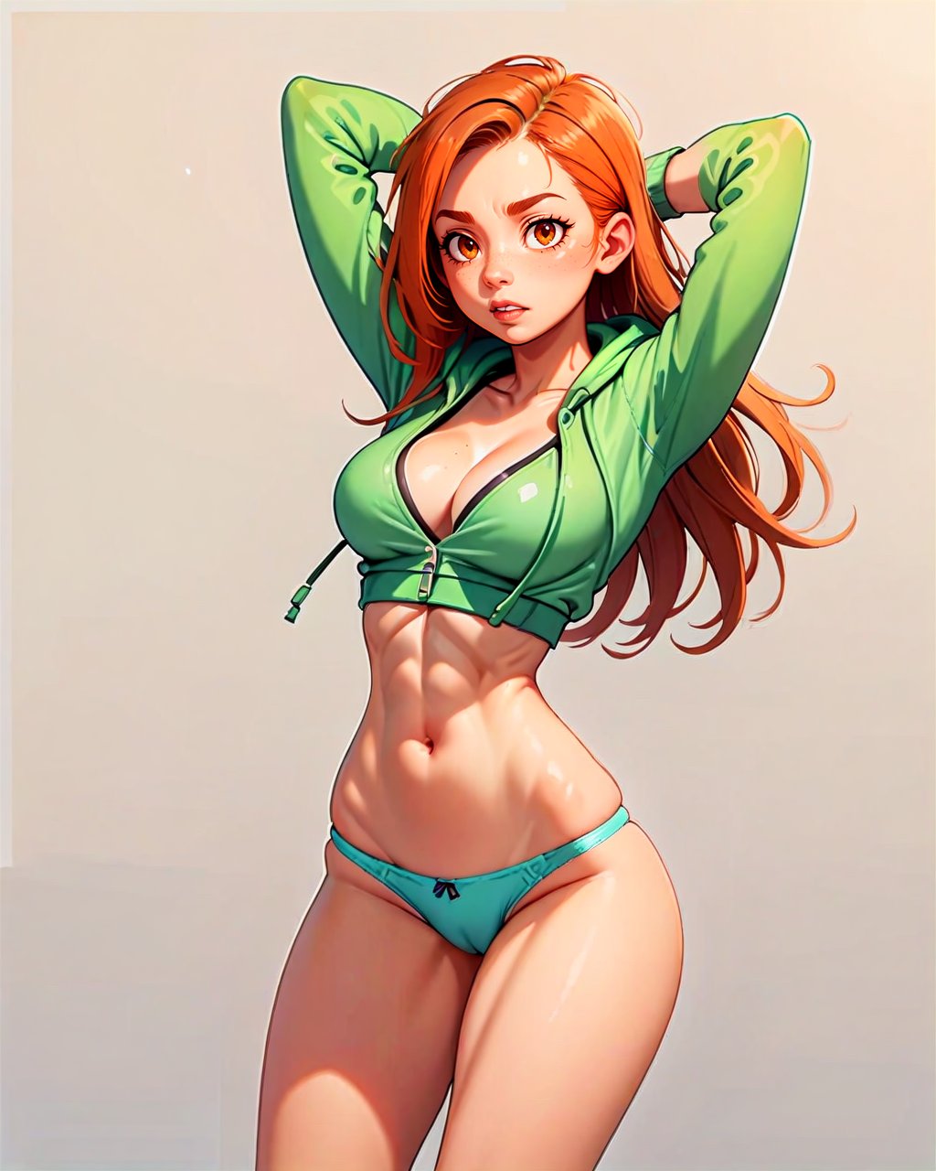 score_9, score_8_up, score_7_up, 1girl, long hair, orange hair, standing, cowboy shot, arms behind head, dynamic pose, sports bra, unzipped hoodie, panties, no pants, solo, navel, narrow waist, medium breasts, simple background <lora:KakkoiPonyV3:1>