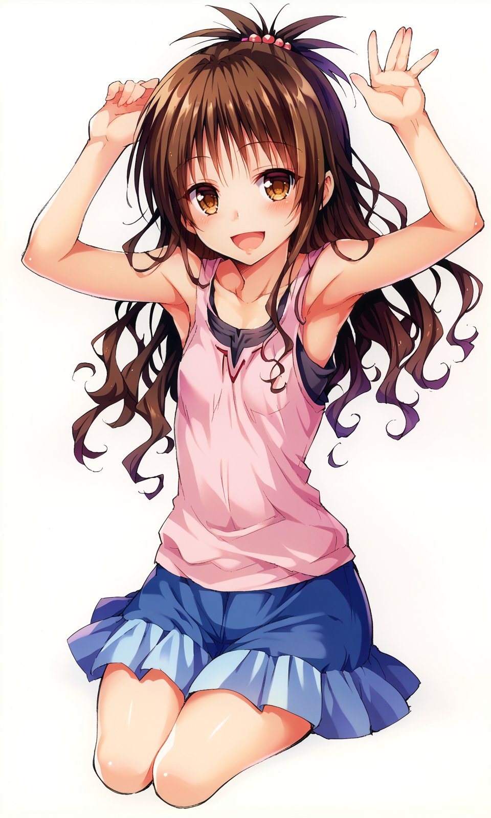 YabukiKentarou, to love-ru, score_9, score_8_up, score_7_up BREAK1girl, yuuki mikan, solo, long hair, open mouth, brown hair, skirt, smile, hair bobbles, blush, hair ornament, :d, armpits, looking at viewer, brown eyes, white background, simple background, sitting, collarbone, <lora:YabukiKentarou_Pony_V2:1>