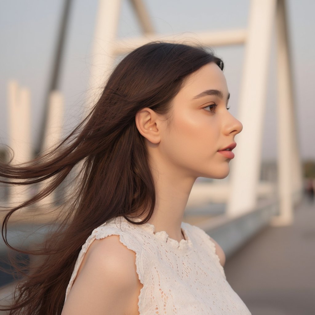 A portrait of dasha_taran with long, flowing black hair, captured in a side profile. She wears a white sleeveless top with intricate lace detailing. The woman stands against a blurred background of a bridge with white pillars, indicating an outdoor setting. Soft lighting casts a warm glow on her face, highlighting her features. The image conveys a serene and contemplative mood.