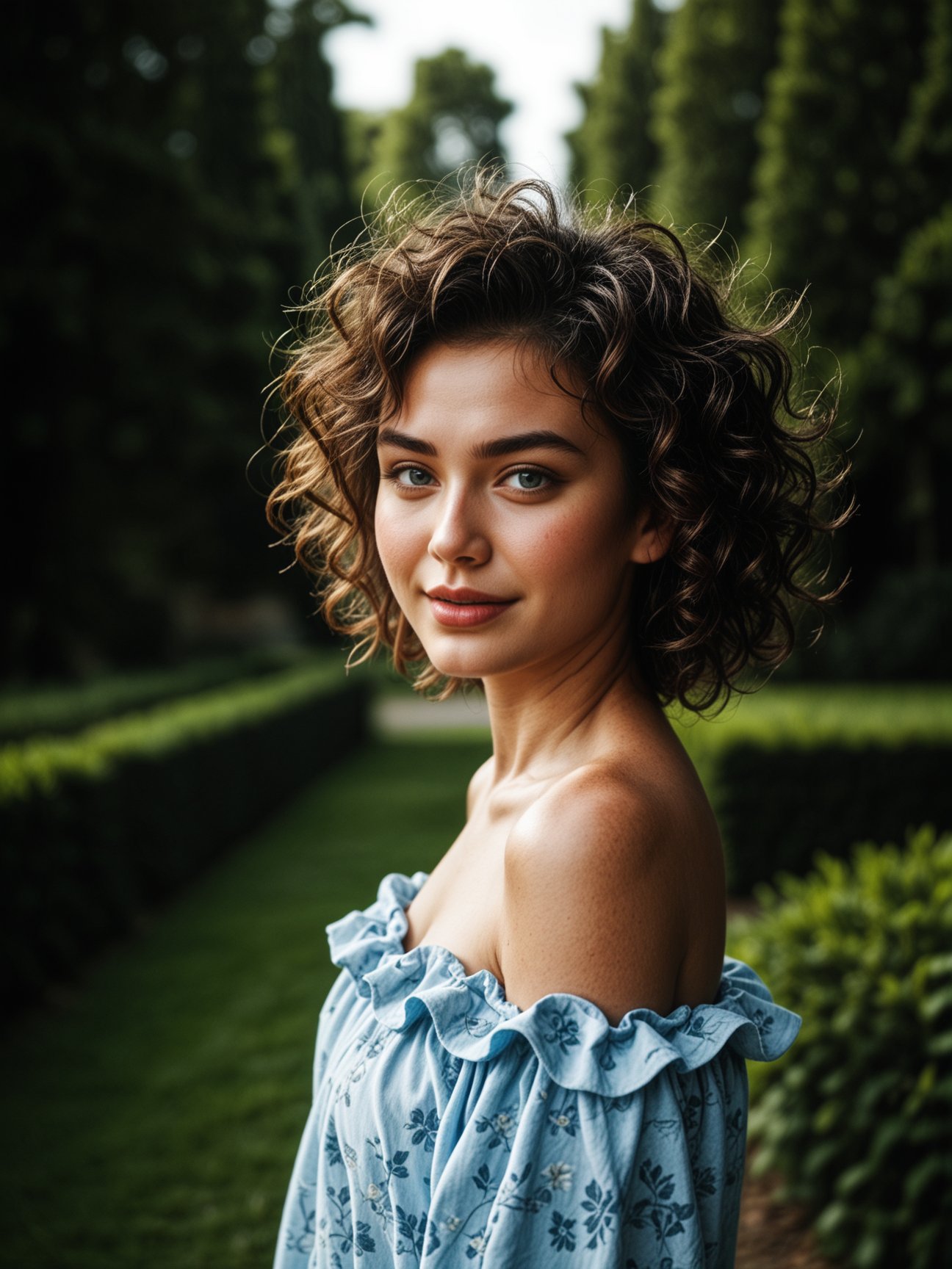 beautiful woman with curly hair. She has a radiant smile and expressive eyes. Her curly hair is voluminous,  cascading aro...