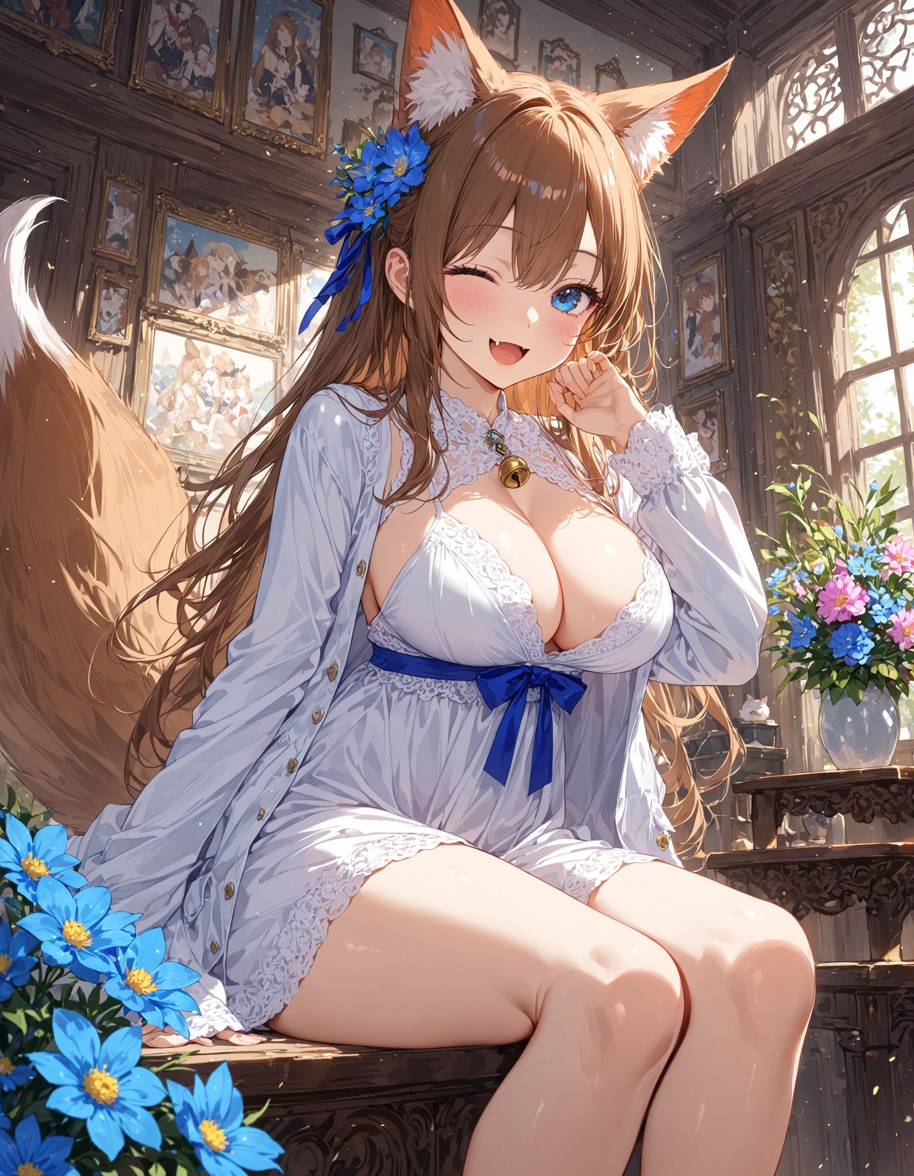 1girl, solo, long hair, breasts, looking at viewer, blush, smile, open mouth, bangs, blue eyes, large breasts, brown hair, hair ornament, long sleeves, dress, ribbon, animal ears, cleavage, hair between eyes, sitting, jacket, tail, flower, one eye closed, open clothes, fang, indoors, virtual youtuber, hand up, hair flower, white dress, open jacket, animal ear fluff, fox ears, bell, feet out of frame, fox tail, white jacket, ;d, blue ribbon, fox girl, extra ears, blue flower, masterpiece, ultra-detailed, best quality ,intricate details,