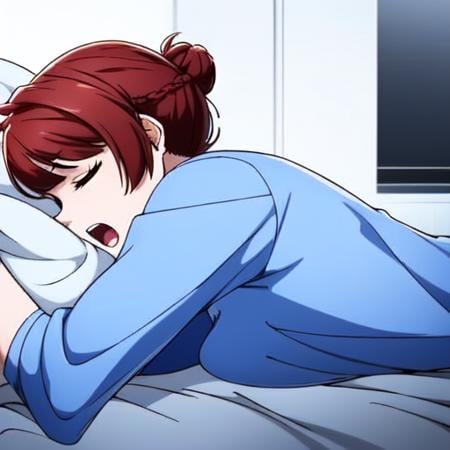 ((masterpiece)), ((best quality)), anriteieri, <lora:anri_teieri_bluelock:1>, anriteieri, 1girl, solo, short_hair, open_mouth, brown_hair, shirt, closed_eyes, braid, red_hair, lying, indoors, pillow, bed, on_bed, on_stomach, sigh