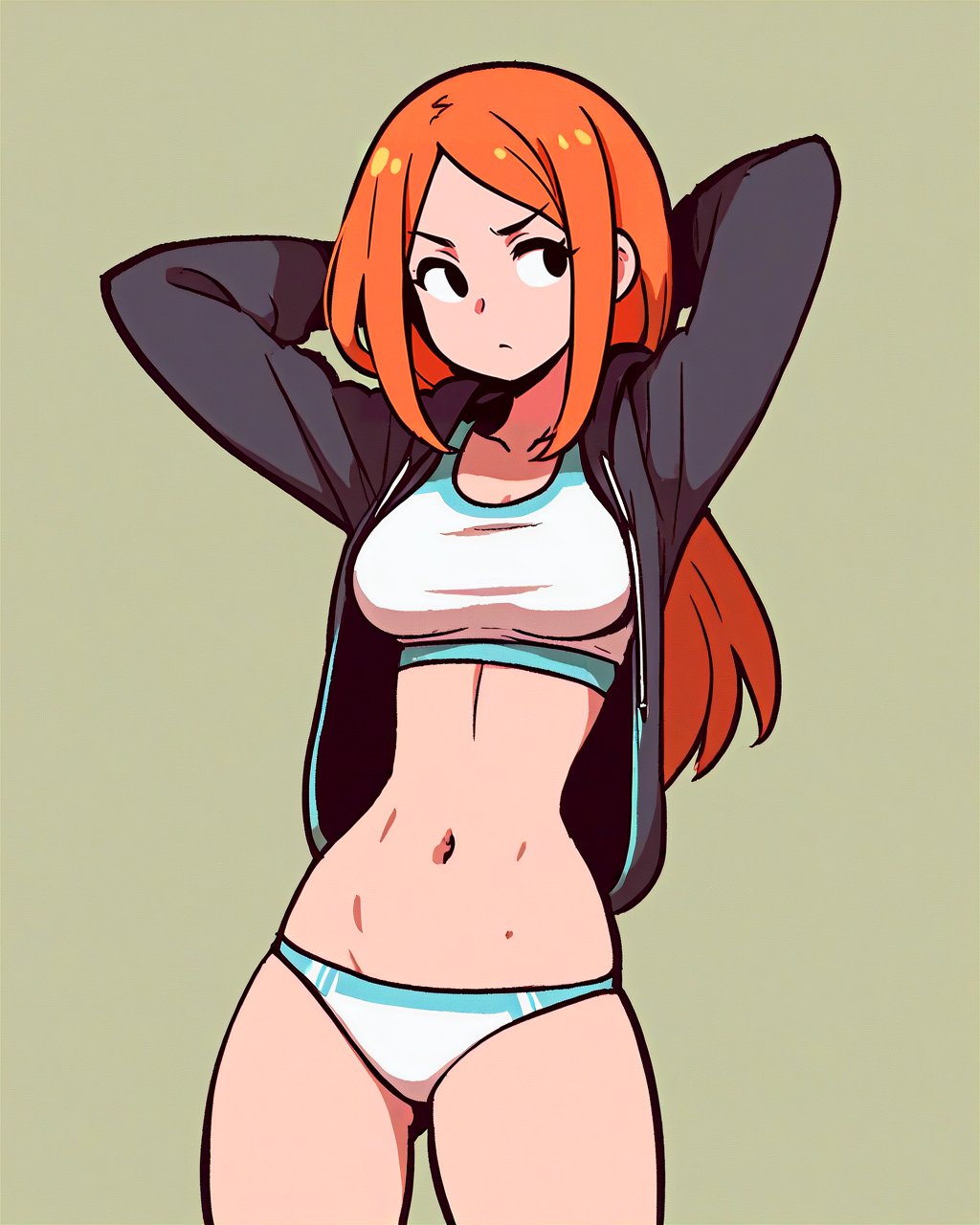 score_9, score_8_up, score_7_up, 1girl, long hair, orange hair, standing, cowboy shot, arms behind head, dynamic pose, sports bra, unzipped hoodie, panties, no pants, solo, navel, narrow waist, medium breasts, simple background <lora:PonPonPony:1>