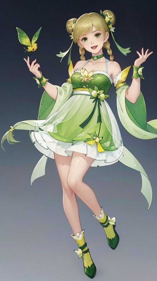 huaying, 1girl, green eyes, solo, braid, dress, twin braids, open mouth, green dress, full body, blonde hair, smile, detached sleeves, green ribbon, green footwear, choker, green theme, hair ornament, green bow, bangs, looking at viewer, green choker, bare shoulders, hair bun, wrist cuffs, wide sleeves, double bun, bare legs, bug, hair flower, hair rings, simple background, socks, yellow socks, standing on one leg, collarbone <lora:huaying-10:0.8>