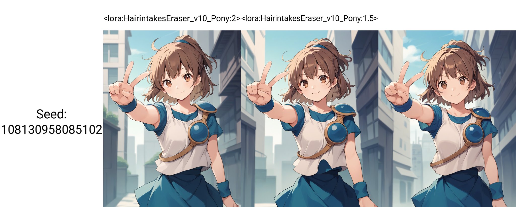 <lora:Puyoarle_SDXL_pony_fp16_ver05:1>,arleP123, 1girl,brown hair,bangs,short hair,hair updo, brown eyes,blue skirt, blue wristband,short sleeve,light smile,cowboy shot,v,<lora:HairintakesEraser_v10_Pony:2>,cityscape,, score_9, score_8_up, score_7_up, BREAK source_anime, rating_questionable, best quality, masterpiece, uncensored,[pony diffusion V6 is trained by PurpleSmartAI:100]