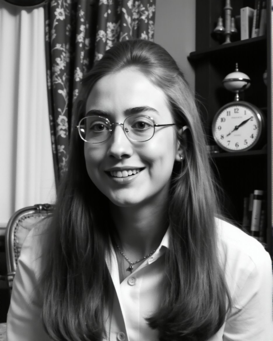 This is a clolor high resolution photograph featuring a young woman with long, straight, light-colored hair. She is smiling gently and has a warm, inviting expression. She is wearing round, wire-rimmed glasses that accentuate her eyes, which are looking directly at the camera. Her skin tone is light, and she appears to be of Caucasian descent. She is dressed in a button-up shirt, which is visible at the top of the image, and has a simple necklace with a small pendant.In the background, there is a patterned curtain with a floral design, adding a touch of classic elegance to the setting. To the right of the curtain, there is a round, ornate clock with a visible face, suggesting a vintage or antique aesthetic. The background also includes a blurred view of some furniture, possibly a table or shelves, indicating that the photograph was taken indoors, likely in a home or a room with a traditional decor.The lighting in the image is soft and even, highlighting the subject’s face and creating a gentle contrast with the background. The overall mood of the photograph is calm and serene, with a focus on the subject's friendly demeanor and the classic, timeless setting.,Hillary_Clinton, <lora:Hillary_Clinton_Flux_V1:1>