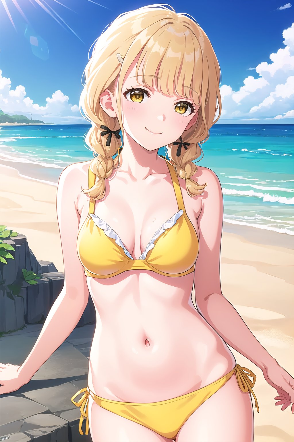 (masterpiece, best quality), highly detailed background, perfect lightingbest quality, fujitakotone, solo, outdoors, beach, blonde hair, low twin braids, hair ribbon, black ribbon, pearl hairclip, blunt bangs, hair over shoulder, long hair, yellow eyes, medium breasts, yellow bikini, swimsuit, smile, closed mouth, :), <lora:Fujita-Kotone:0.7>