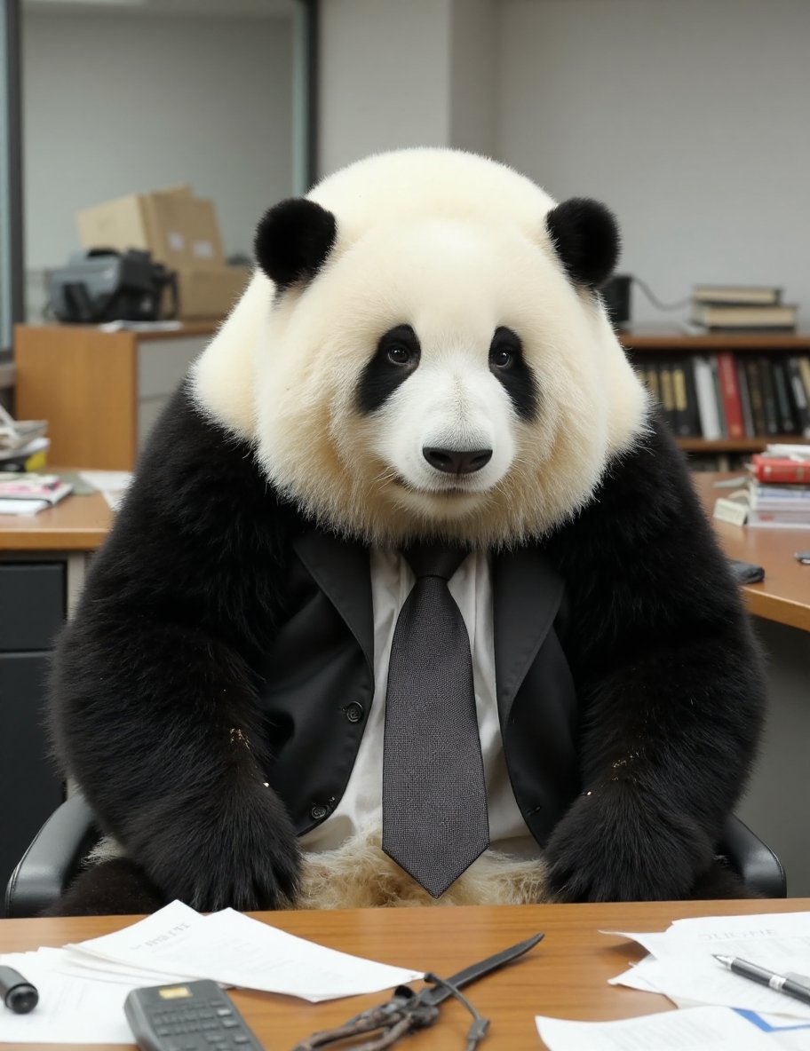 This high-resolution photograph captures a teen panda, with her distinctive black and white fur, sitting at an office desk. Huahua is dressed in a sharp, well-fitted suit, complete with a tie and neatly pressed shirt. The suit is detailed with fine stitching and a professional look, contrasting with her fluffy fur.Huahua's round, chubby body is covered in thick, soft fur, with black patches around her ears, eyes, and legs. Her face is marked by large, dark eyes and a small, black nose, but her expression is one of intense anger and frustration. Her brows are furrowed, and her eyes are narrowed, giving her a stern and formidable look.The office setting includes a desk cluttered with papers, a computer, and office supplies. The background consists of typical office elements like filing cabinets, shelves with books and documents, and a large window that lets in natural light. The scene captures the busy and stressful environment of an office.The overall composition of the image focuses on Huahua, making her the primary subject and capturing the unique and whimsical nature of this scene, blending her cute appearance with the serious and intense atmosphere of the office.,huahua, <lora:huahua_panda_Flux_V1-000002:1>