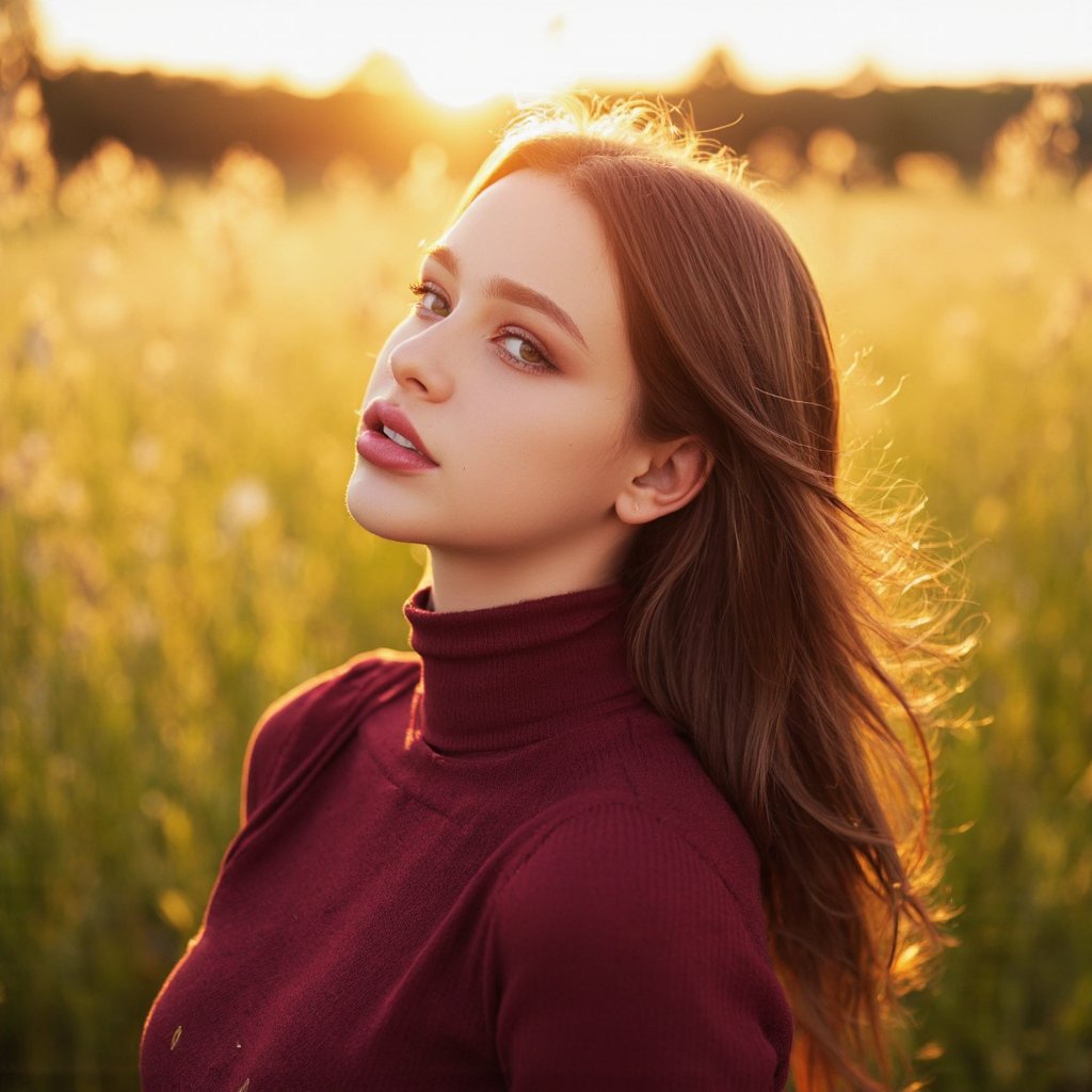 A portrait of dasha_taran in a field of tall, golden grass illuminated by the golden light of the setting sun. She has long, flowing brown hair and wears a burgundy turtleneck sweater. Her makeup is bold, with dark eyeliner and red lipstick. The woman's pose is contemplative, with her head tilted slightly to the side, and her gaze directed away from the camera. The background is blurred, emphasizing the subject. The image has a serene and dreamy style, with a warm color palette dominated by golden hues and the deep burgundy of her sweater.