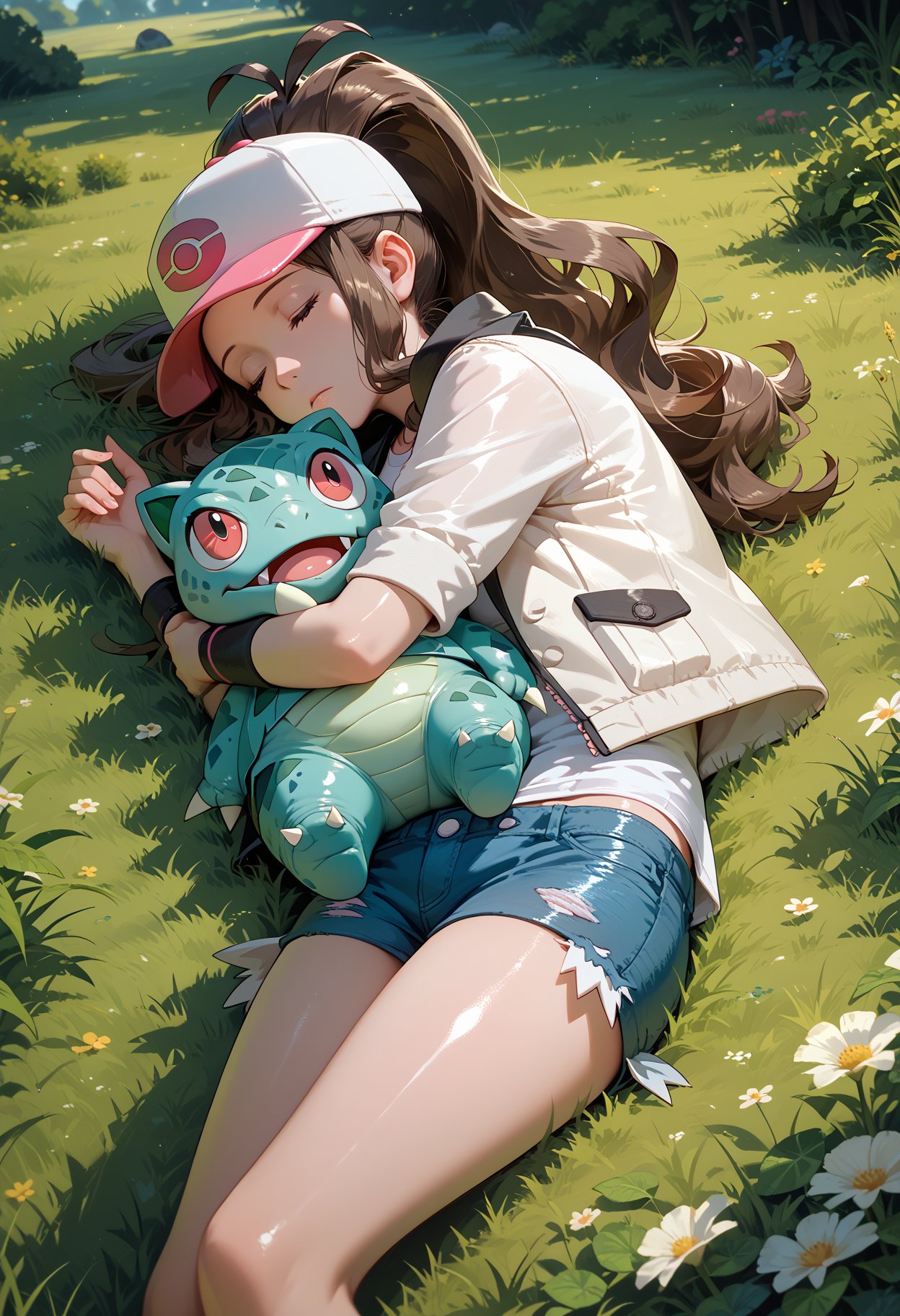 score_9,score_8_up,score_7_up,masterpiece,best quality,8k,1girl,hilda \(pokemon\),fully clothed,shorts,jacket,stuffed animal,bulbasaur,pokemon \(creature\),sleeping,hugging,lying,outdoors,grass field,cowboy shot,detailed background,shiny_skin,