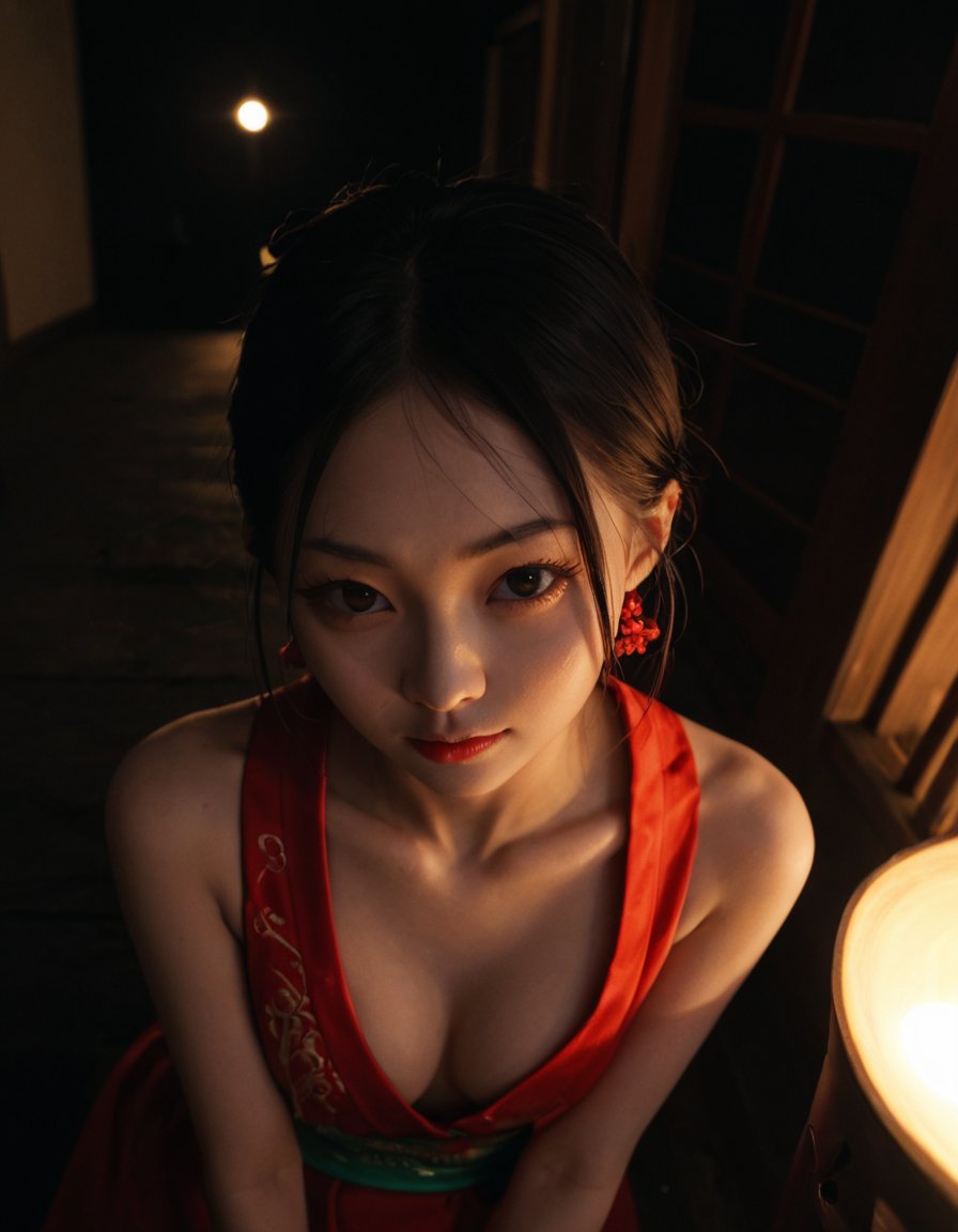 18 year old cute chinese girl,(chinese hanfu:1.3),Cinematic Lighting,(from_above:1.2),(from_side:0.8),backlight,dark environment,low light,late night,real human skin,colorful,reality,very detailed,stunning details,slender,cure beauty,