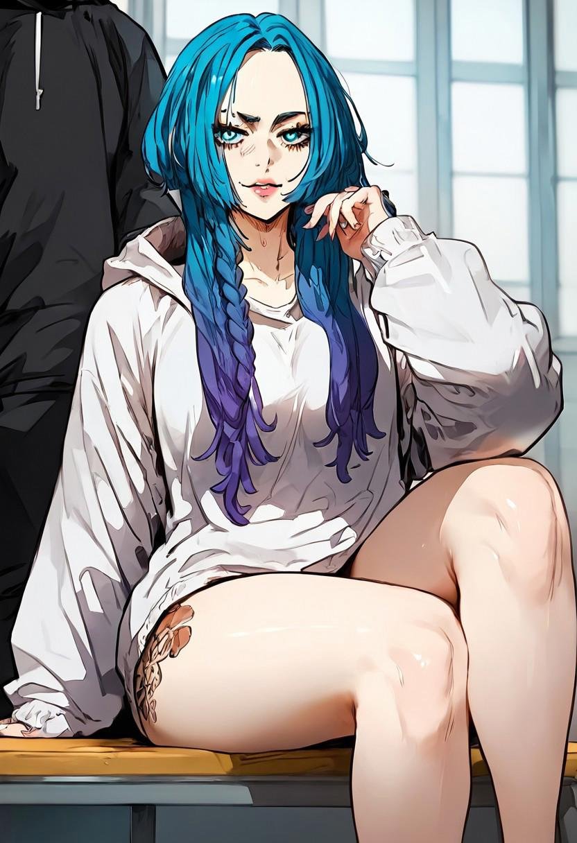 zPDXL2, score_9_up, score_8_up, score_7_up, (Anime_source), high detail face, best quality, absurd res, 1girl, Noah, blue eyes, multicolored hair, blue hair, purple hair, long hair, loose braid, tattoos, sweatshirt, sitting, crossed legepic view, cowboy shot, looking at viewer, easynegative, negative_hand, 