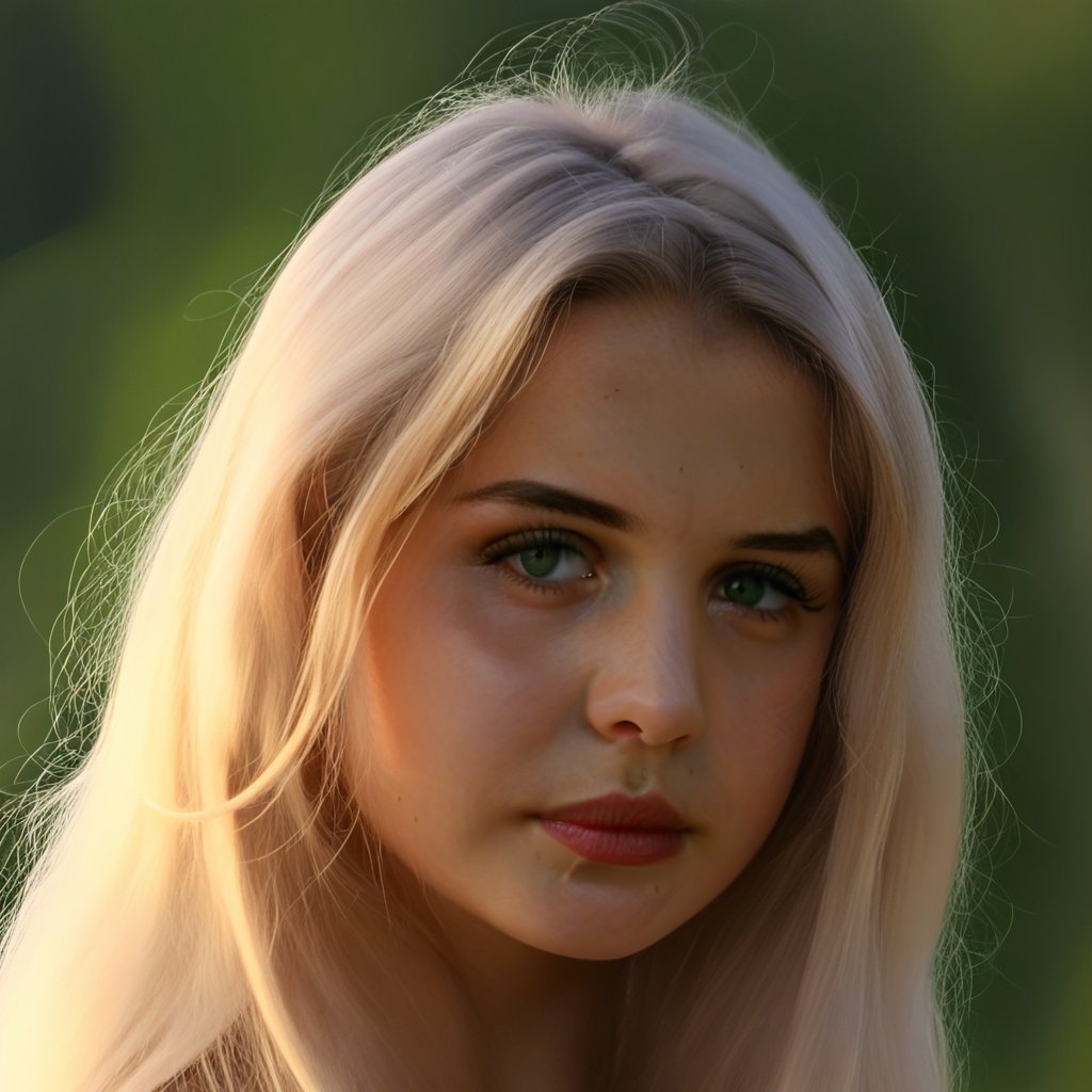 mikas, 1girl, solo, realistic, portrait, blonde hair, long hair, beautiful, green eyes, uncensored é