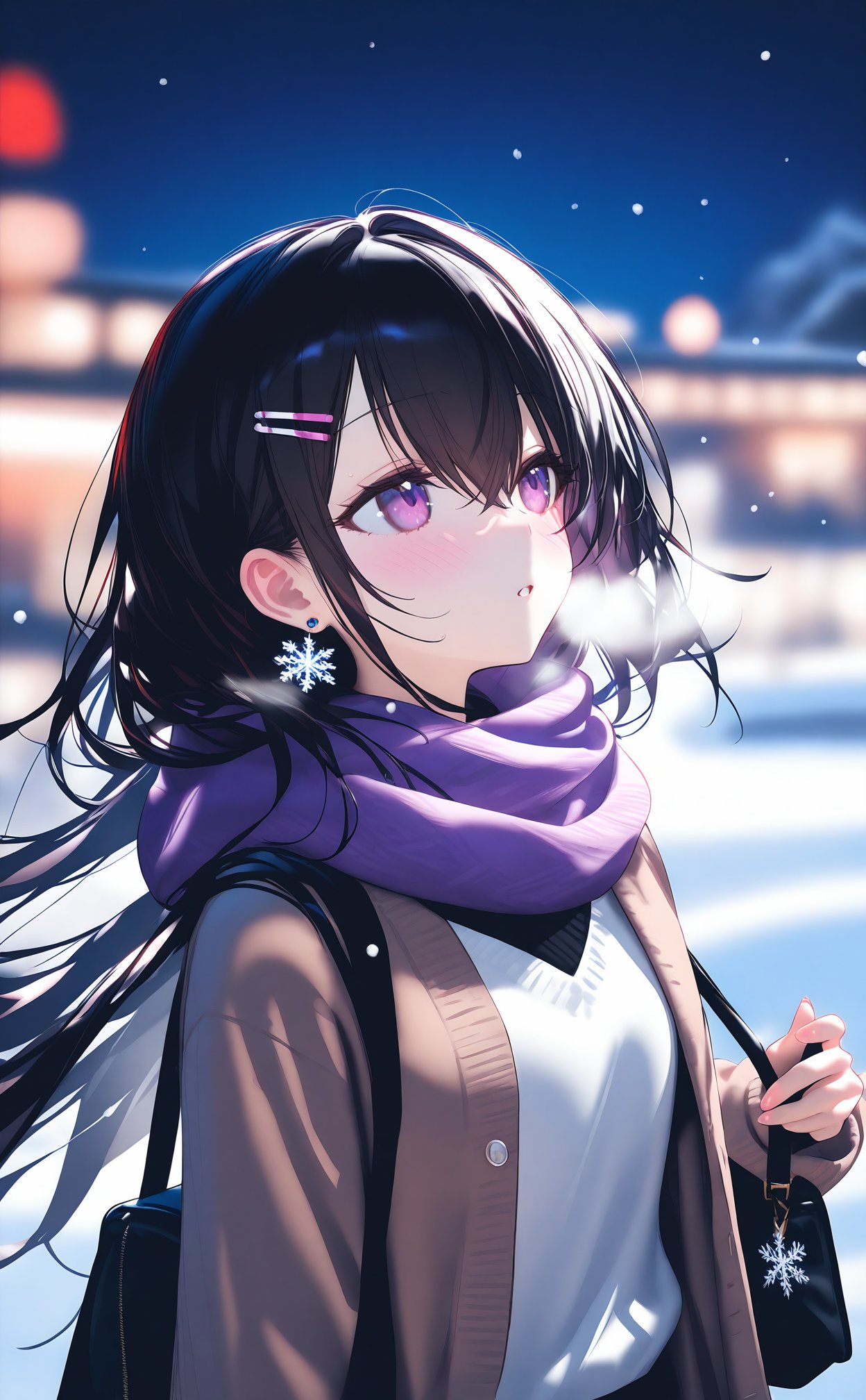 masterpiece,best quality,high quality,loli,1girl,scarf,solo,black hair,long hair,bag,looking up,hair ornament,snowflakes,long sleeves,snowing,hairclip,purple scarf,open clothes,parted lips,skirt,cardigan,outdoors,blurry,night,blush,upper body,sweater,purple eyes,breath,shoulder bag,pink eyes,shirt,earrings,blurry background,white shirt,hair between eyes,