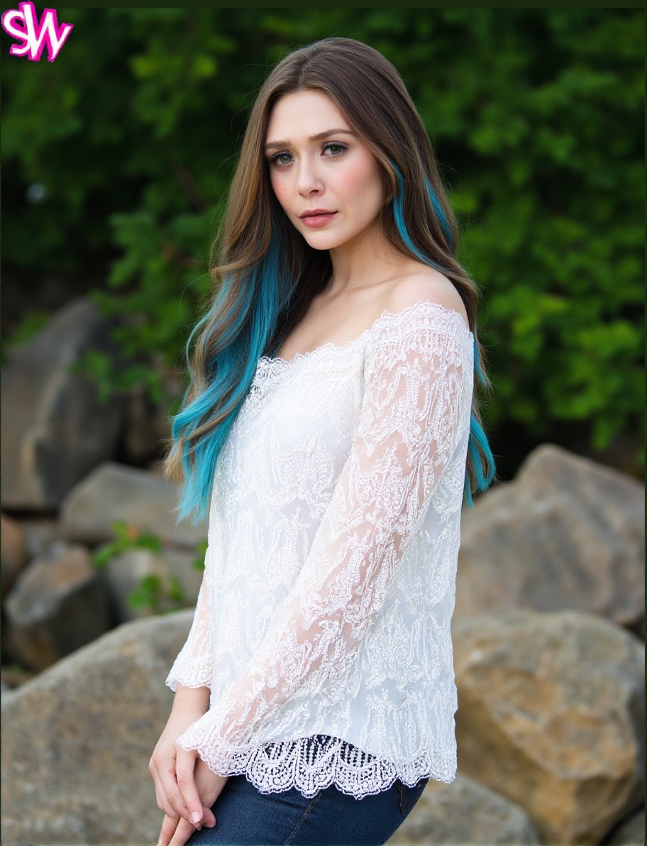 This is a high-resolution photograph of a young woman standing outdoors against a backdrop of green foliage and rocks. She has long, wavy hair that is predominantly blue but also features black and blonde highlights. Her hair cascades over her shoulders and partially covers her face, which is turned slightly towards the camera with a neutral expression. She has fair skin and is wearing a white, long-sleeved lace blouse with intricate patterns and a ruffled neckline, which adds a delicate, feminine touch to her outfit. The blouse appears to be made of a lightweight fabric, possibly cotton or a similar material.In the background, there are large, rough-textured rocks and dense green foliage, suggesting a natural, possibly coastal or forest setting. The lighting is natural, indicating that the photo was taken outdoors during daylight hours. The overall mood of the image is serene and slightly ethereal, enhanced by the soft focus on the background and the woman's serene expression. The logo in the top left corner indicates the image is associated with the SuicideGirls brand, known for featuring alternative pin-up models. The logo includes the text "SW" in pink and purple, with a stylized image of a woman's face.,Elizabeth Olsen,<lora:Elizabeth Olsen_Flux_V1:1>